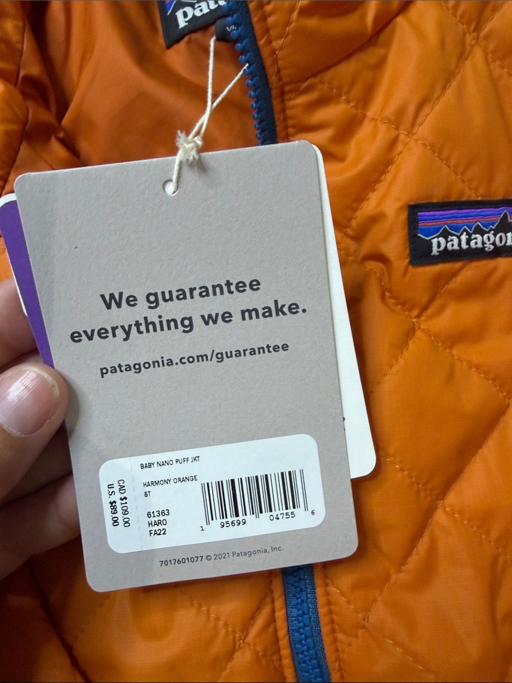 Patagonia Kids Orange Quilted Puffer Jacket with Blue Zip size 5t nwt - Picture 2 of 4